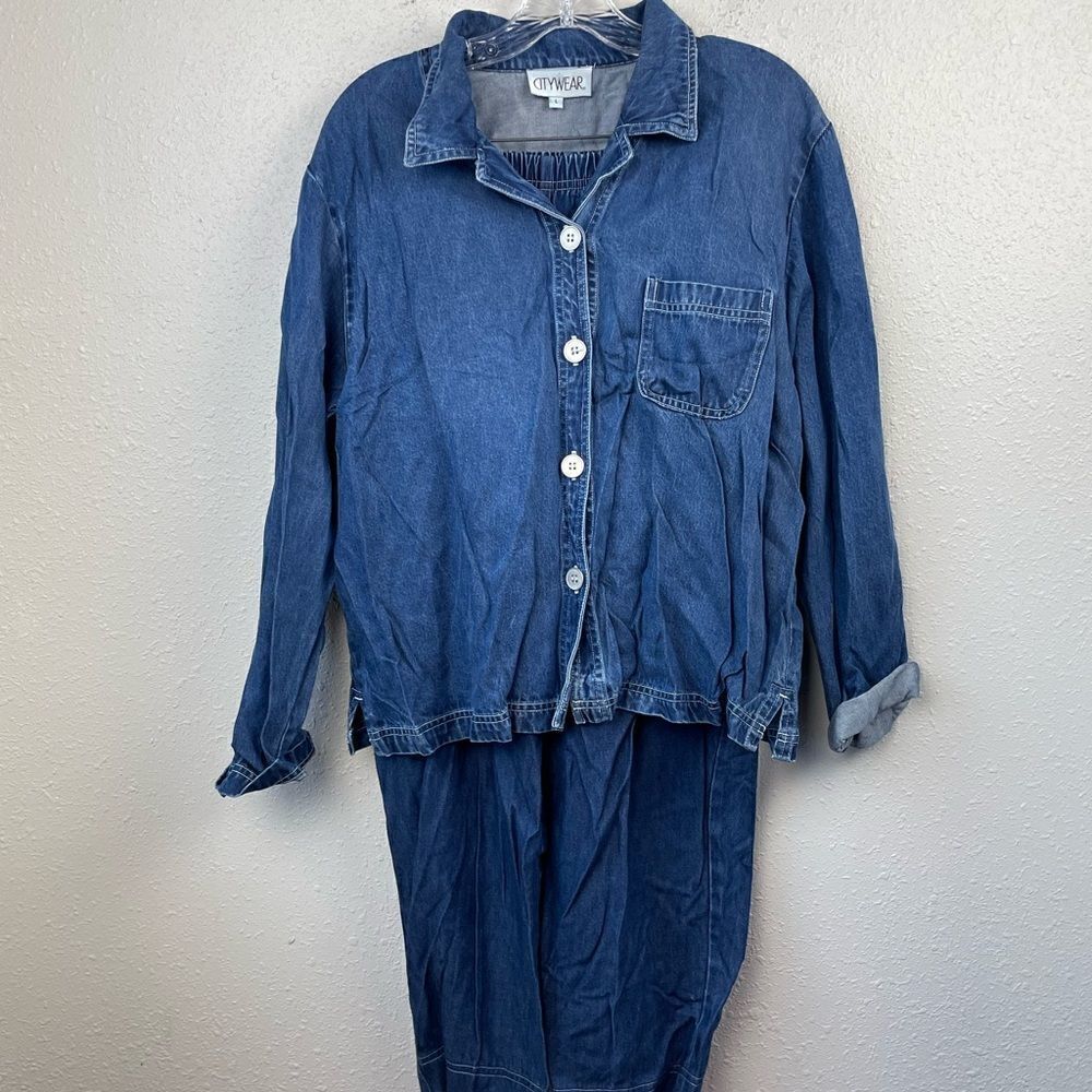 Vintage City Wear Matching Cropped Button Down Tencel Shirt and Pants EUC